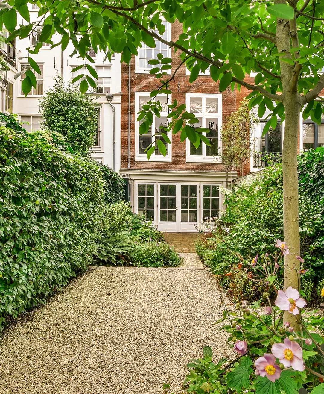 Gravel garden path framed by lush planting in a residential garden.