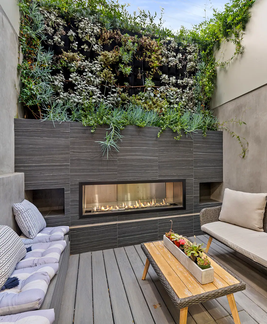Modern courtyard garden with living wall and integrated fire feature.