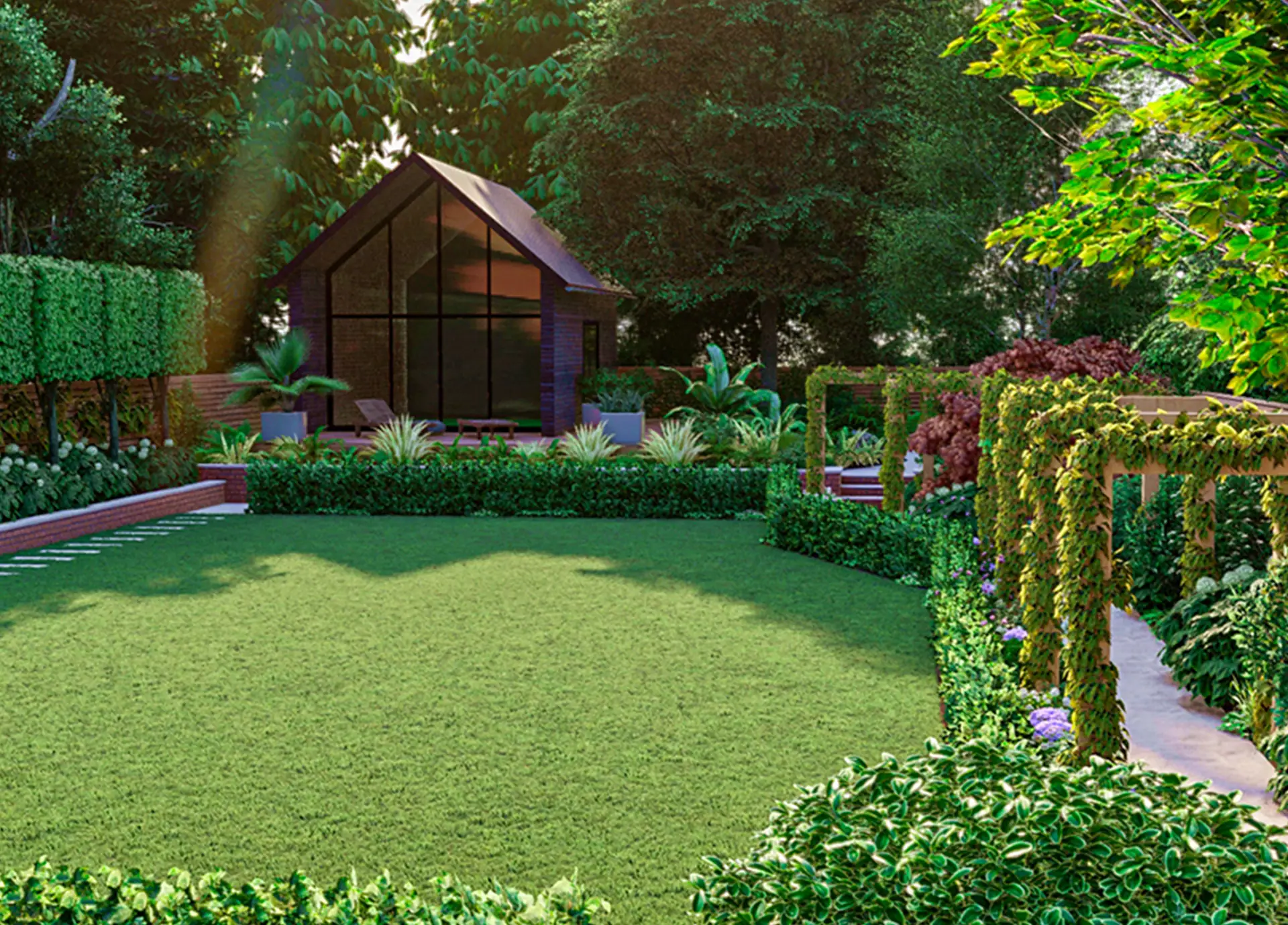 Bespoke garden design with central lawn and garden studio.