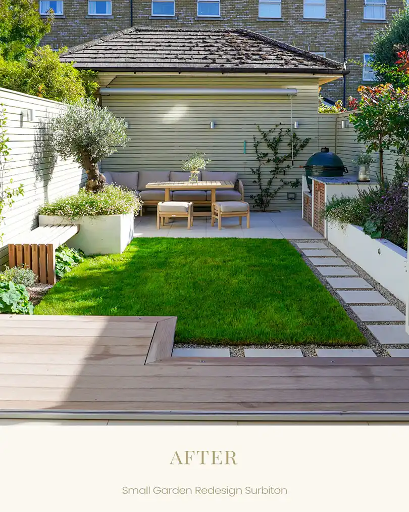 Completed Mediterranean style small garden in Surbiton with lawn and seating area